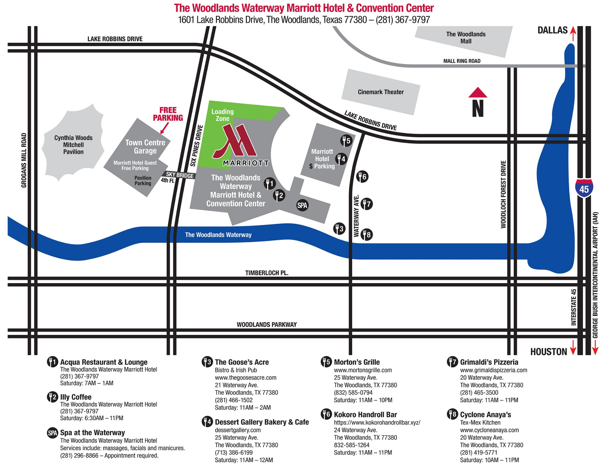 Map of The Woodlands Waterway Marriott venue, loading zone, free parking, and nearby restaurants